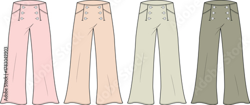 Fashion illustration of four pairs of wide-leg trousers in different pastel colors, showcasing garment details