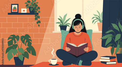 A young woman enjoys a moment of peaceful reading and relaxation at home, surrounded by lush houseplants and a warm cup of coffee.
