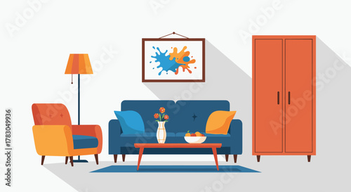 A vibrant and contemporary living room interior featuring an armchair, sofa, floor lamp, and a closet with abstract art.