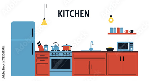 A contemporary kitchen interior with essential appliances like a refrigerator, stove, sink, and microwave, featuring red cabinets and blue accents.