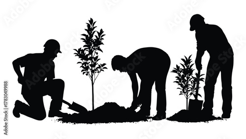 Tree planting silhouettes isolated on white background, Vector