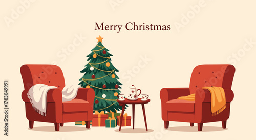 A cozy Christmas interior scene featuring two armchairs, a decorated tree, presents, and a tea set, evoking warmth and holiday spirit.