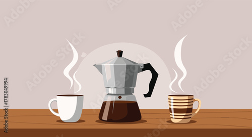 A charming illustration of a steaming moka pot and two hot cups of coffee sitting on a warm wooden table.