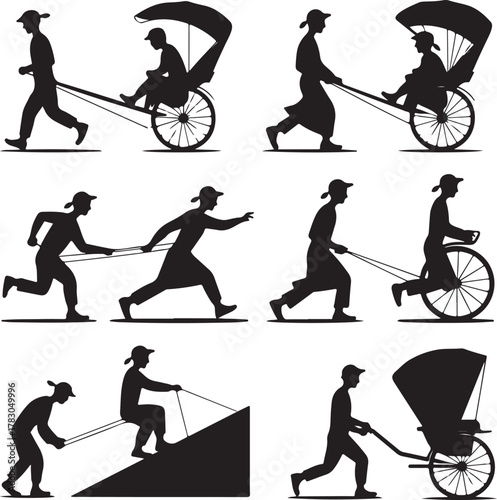 Silhouettes of People Pulling Rickshaws in Various Poses and Actions