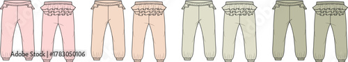 Fashion flat sketch of stylish jogger pants in multiple colors for design and technical illustration