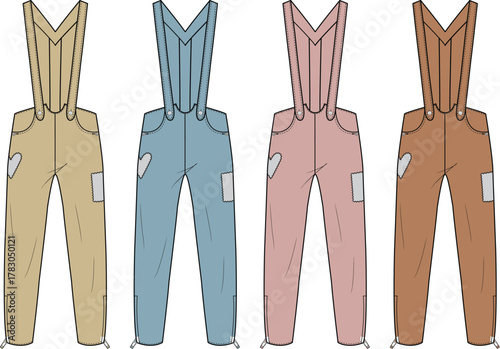 A colorful set of classic overalls with patches, presented as a fashion design technical flat sketch for apparel