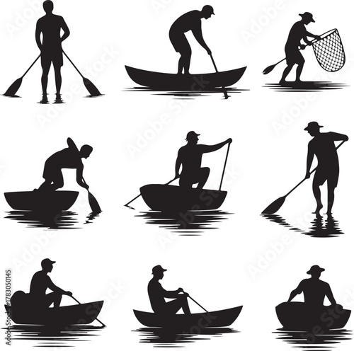 Silhouettes of People Rowing Fishing and Paddle Boarding in Boats