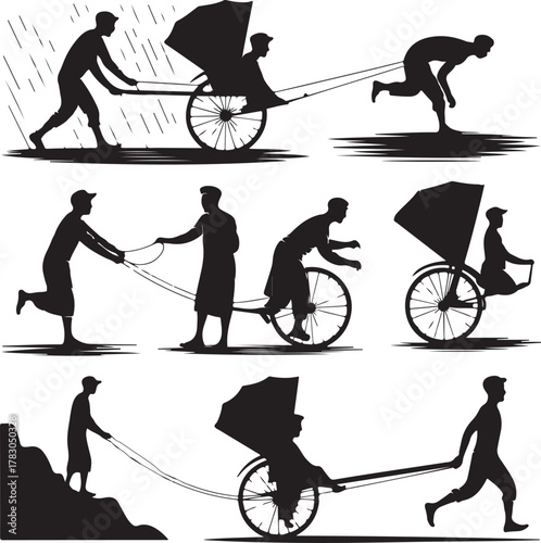 Silhouettes of Rickshaw Pullers with Passengers in Various Actions Illustration