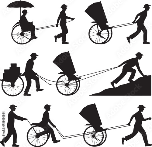 Silhouettes of Pulling Rickshaws and Passengers in Various Poses