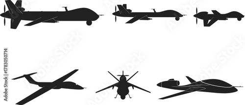 Military drone silhouettes, unmanned aerial vehicles, UAVs flying, modern drone technology, aerial surveillance aircraft, remote controlled drones, black vector icons