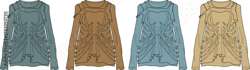 Long Sleeve Top Technical Fashion Flat Sketch Template for Designers