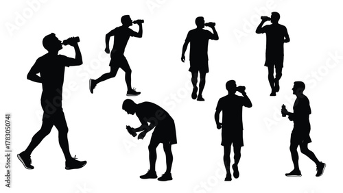 Silhouettes of people drinking water during exercise isolated on white background, Vector