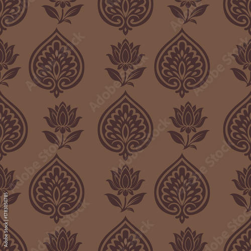 Vintage floral pattern with elegant dark brown motifs on warm brown background, creating classic and sophisticated decorative design