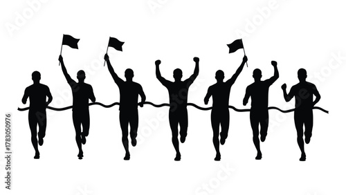 Runners crossing finish line silhouette isolated on white background, Vector
