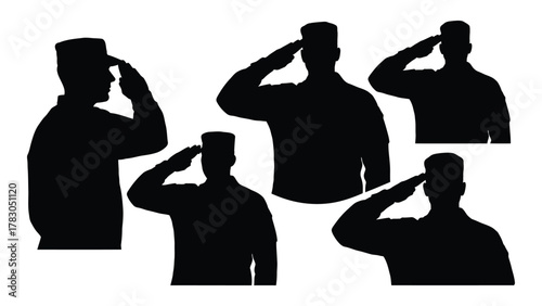 Military personnel saluting silhouettes isolated on white background, Vector