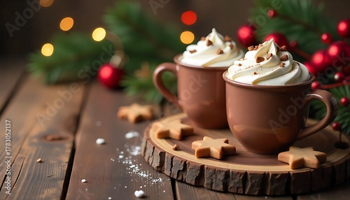 rustic wooden table with Christmas cookies, hot chocolate mugs topped with whipped cream, created with generative ai