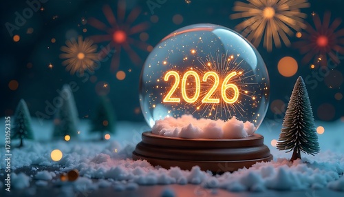 Snow globe with “2026” glowing inside, surrounded by tiny Christmas trees and fireworks, created with generative ai