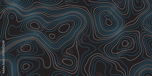 Abstract dark topographic map background with smooth blue and gray contour lines. Modern minimal design, perfect for technology, mapping, geoscience, or digital data visualization themes.