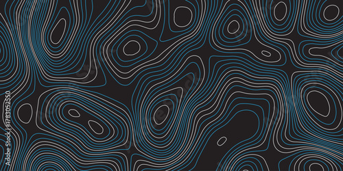 Abstract dark topographic map background with smooth blue and gray contour lines. Modern minimal design, perfect for technology, mapping, geoscience, or digital data visualization themes.