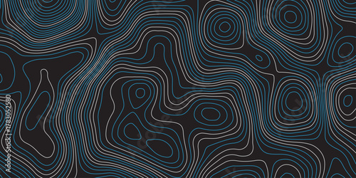 Abstract dark topographic map background with smooth blue and gray contour lines. Modern minimal design, perfect for technology, mapping, geoscience, or digital data visualization themes.