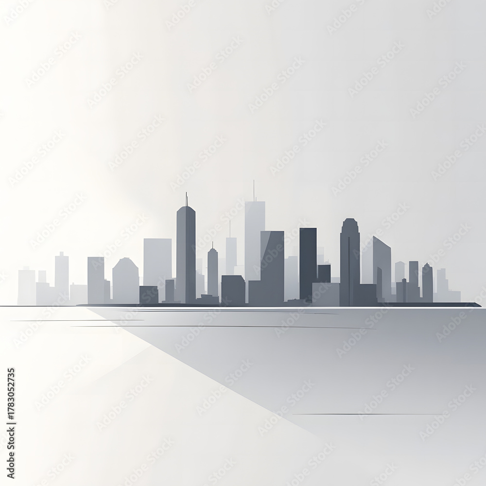 Fototapeta premium A minimalist silhouette of a city skyline presented in shades of grey and white, suggesting a hazy or distant view. The simplified shapes of various buildings are reflected faintly on a light, subtle 