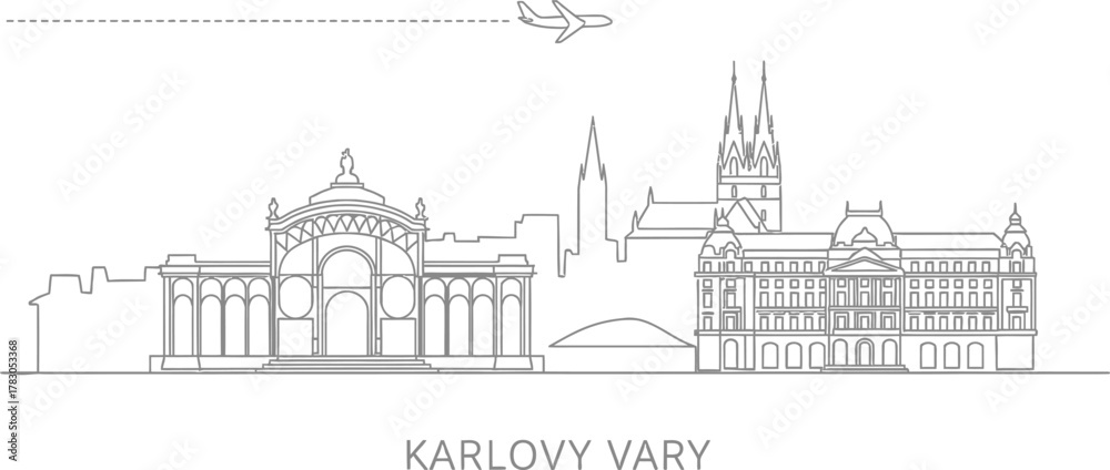 Naklejka premium Karlovy Vary Skyline Cityscape Airplane Travel Line Art