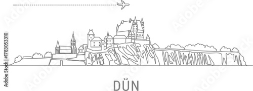 Outline Skyline of Eltz Castle with Airplane and DÜN Text