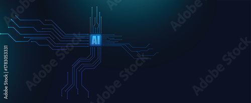 Blue AI chip and circuit board background. Artificial intelligence, machine learning, technology concept.