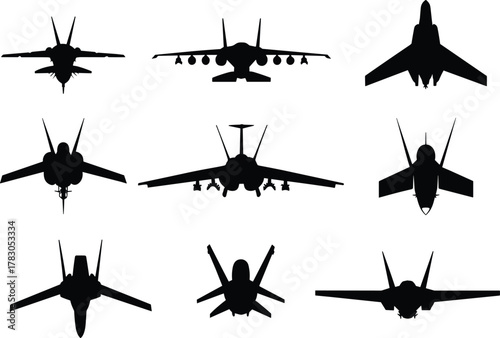 Military fighter jet silhouettes front view, aircraft collection, aviation vector, warplanes design, modern fighter planes, air force, combat aircraft set.