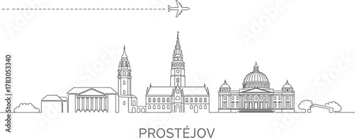 Prostějov City Skyline with Airplane Icon and Dashed Line