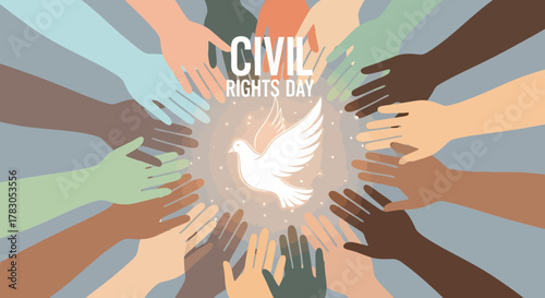 A conceptual illustration for "Civil Rights Day," showing a glowing white dove of peace in the center, surrounded by a circle of hands of diverse skin tones reaching towards it.