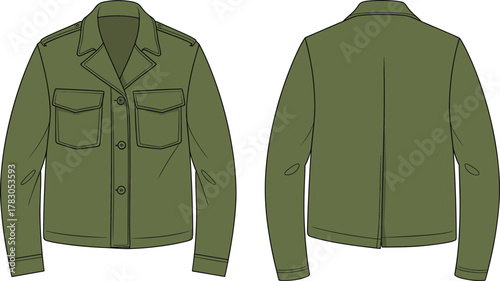 Military inspired utility jacket CAD flat sketch vector front and back, fashion technical drawing, army green outerwear illustration