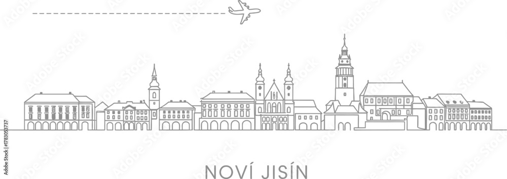 Fototapeta premium Nový Jičín Skyline with Airplane Illustration