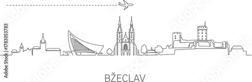 Břeclav city skyline with airplane and dashed line
