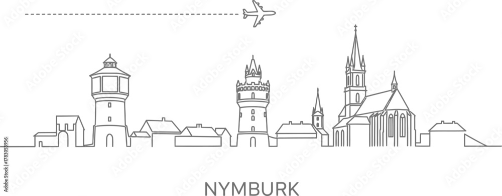 Fototapeta premium Nymburk Skyline with Airplane Outline Art