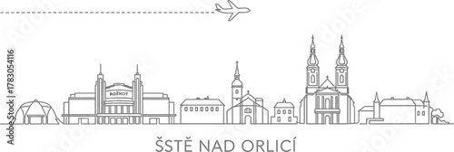 Czech Republic Cityscape Skyline Line Art with Airplane