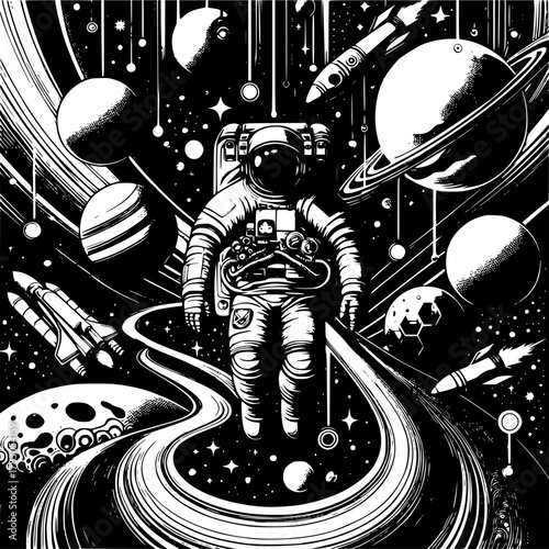 Astronaut's Cosmic Voyage: An astronaut embarks on an interstellar odyssey, journeying through a mesmerizing cosmos filled with celestial bodies and futuristic spacecraft.