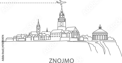 Znojmo Skyline with Airplane Icon and Text