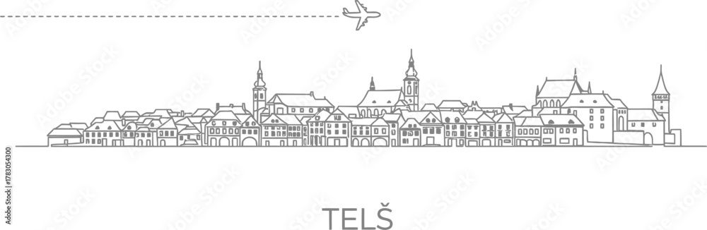 Obraz premium Telc Czech Republic Skyline Airplane Travel Icon