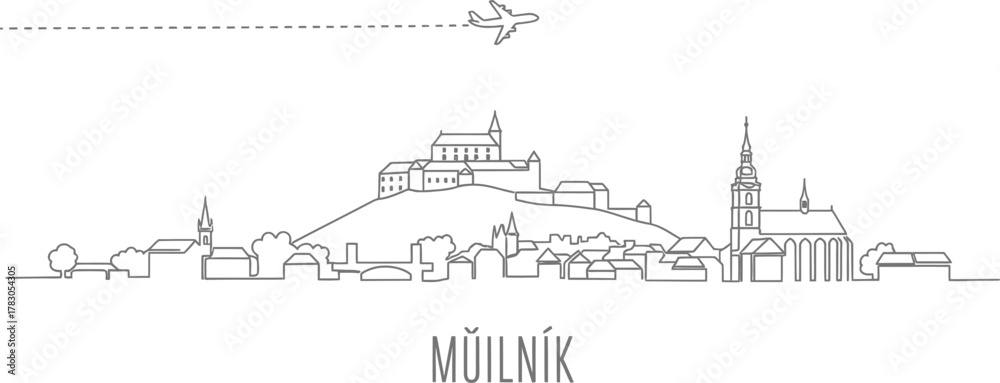 Fototapeta premium Minimalist Outline of Mělník Skyline with Airplane and Travel Path