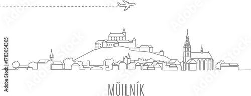 Minimalist Outline of Mělník Skyline with Airplane and Travel Path