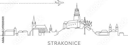Strakonice Skyline with Airplane and Dashed Line
