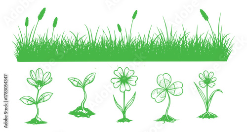 A collection of grass doodle sketches. It's a hand-drawn outline of a grassy field, with some scribbles in the background. Includes elements like sprouts, flowers, and clovers. Vector art.