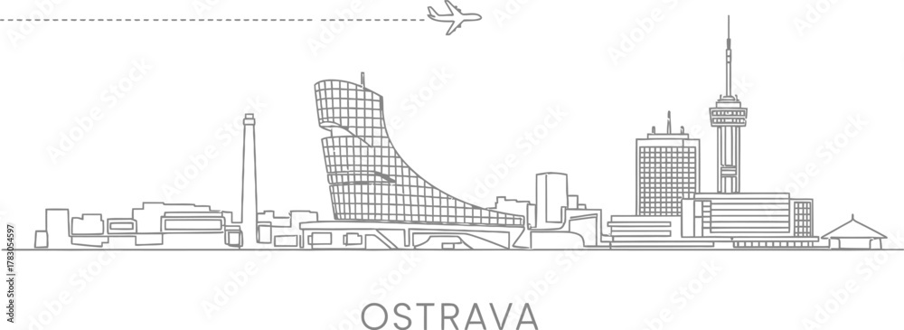 Obraz premium Ostrava Skyline Cityscape with Airplane and Dashed Line