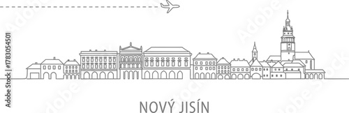 Novy Jicin skyline with airplane and dashed line