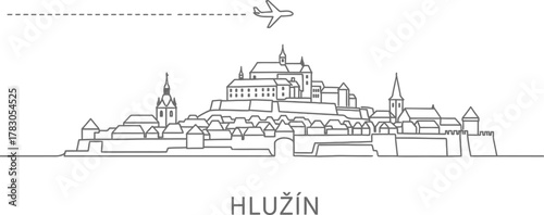 Hlučin Cityscape with Airplane Silhouette and Travel Line
