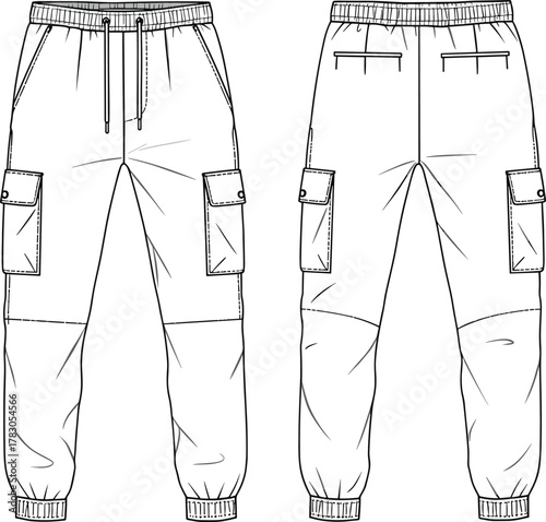 Men's cargo jogger pants flat sketch with drawstring waist, side flap pockets, back view included, cad drawing flat vector illustration