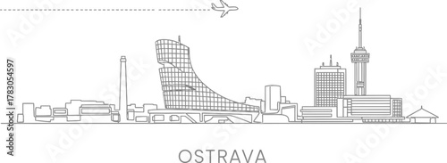 Ostrava Skyline Cityscape with Airplane and Dashed Line