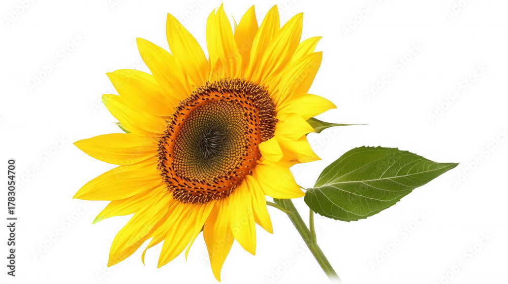Obraz premium Beautiful sunflower isolated on transparent background in full bloom with green leaf