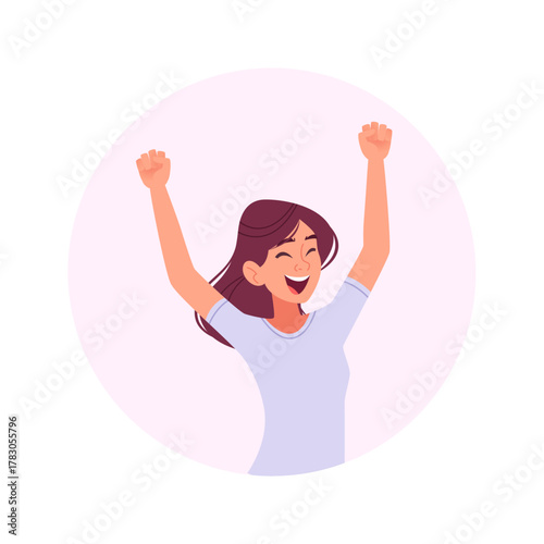 Happy Young Woman Cheering with Arms Raised in Celebration